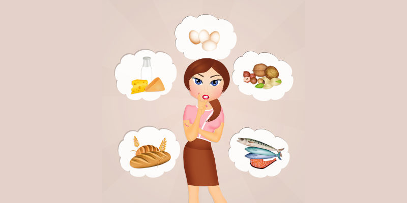 Animated woman considering food groups